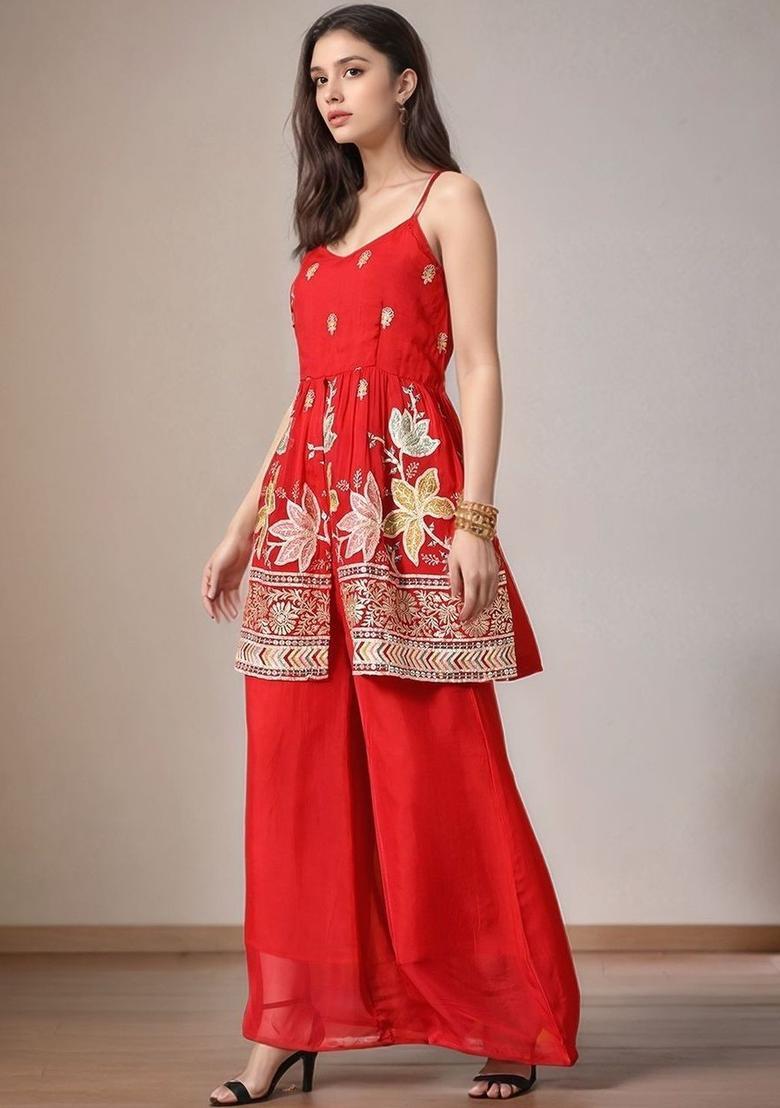 Red Embroidered Tissue A Line Kurta Sets - Indya