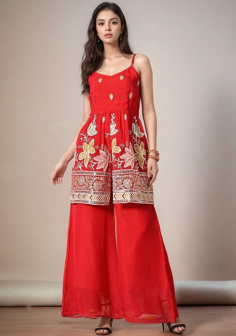 Red Embroidered Tissue A Line Kurta Sets - Indya