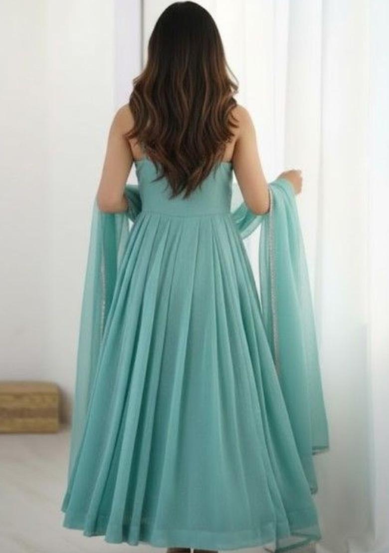 Turquoise Blue Solid Silk Anarkali Sets - Indya