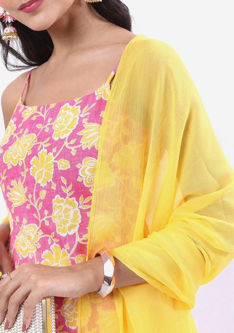 Pink Printed Polyester Straight Kurta Sets - Indya