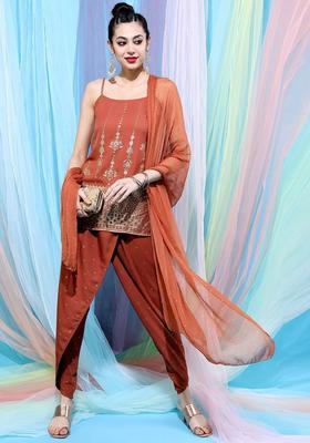 Rust Printed Polyester Straight Kurta Sets