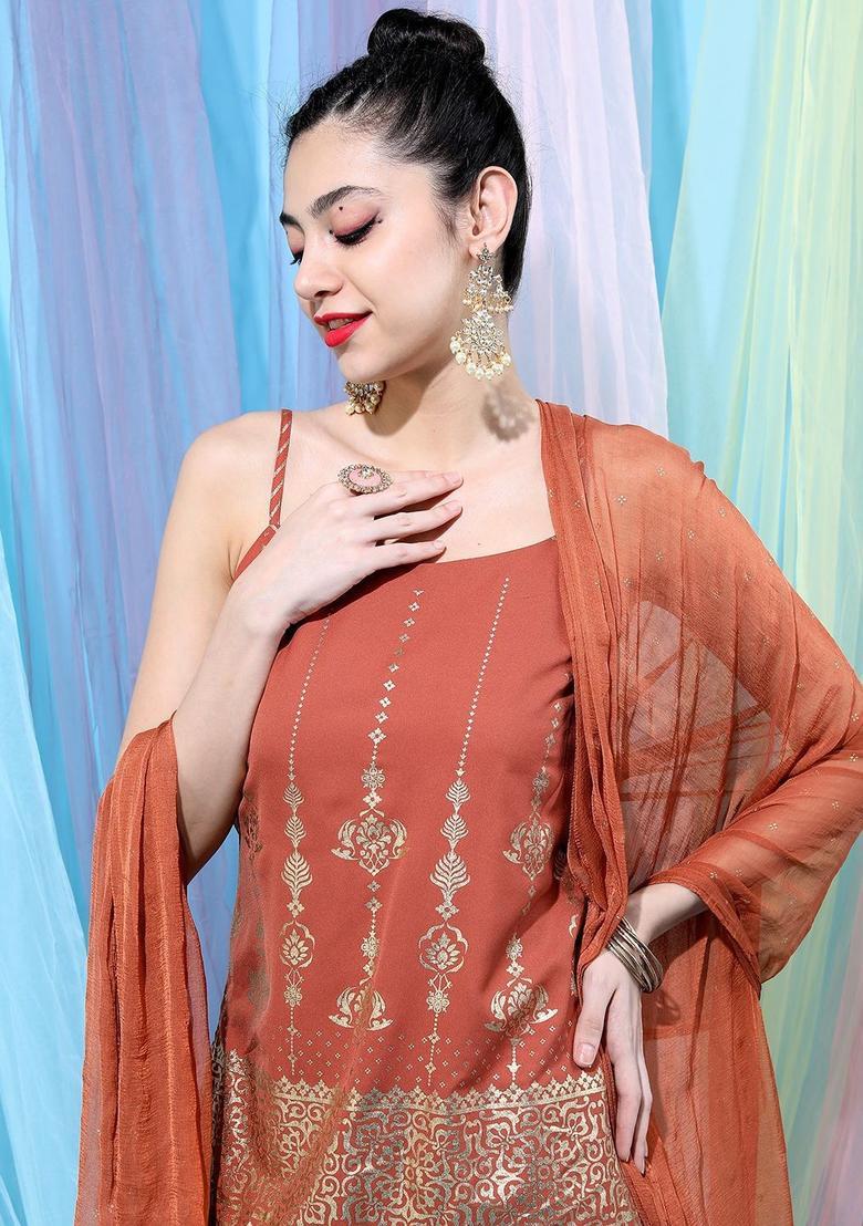 Rust Printed Polyester Straight Kurta Sets - Indya