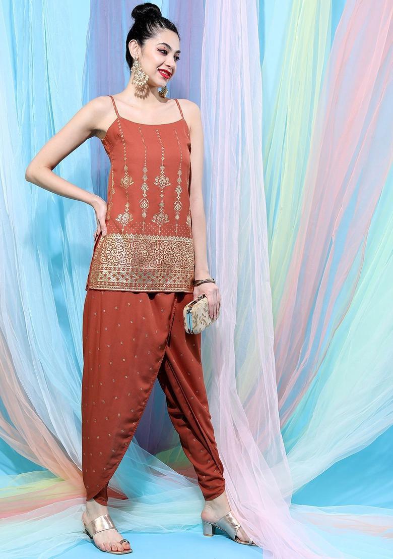 Rust Printed Polyester Straight Kurta Sets - Indya