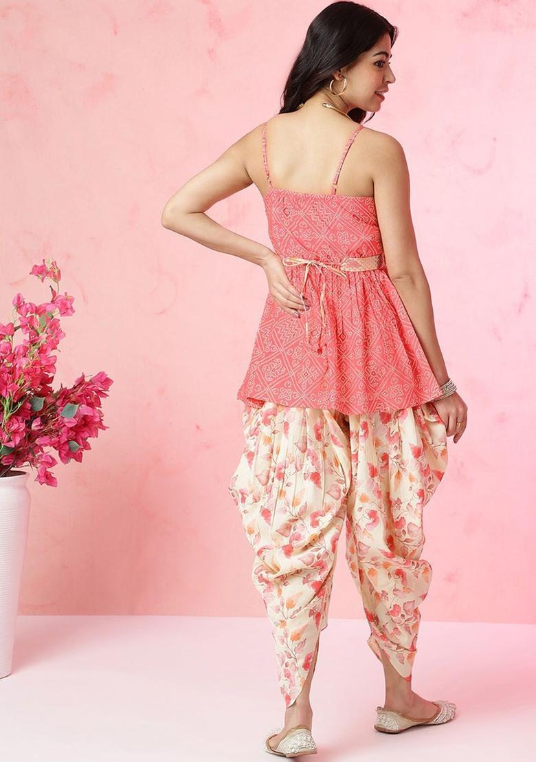 Pink Printed Silk Anarkali Sets - Indya