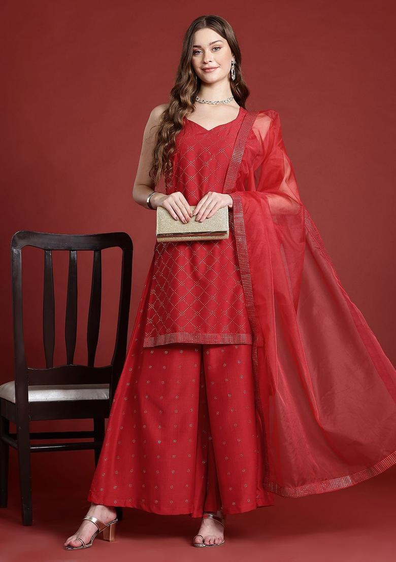 Red Solid Polyester Straight Kurta Sets - Indya