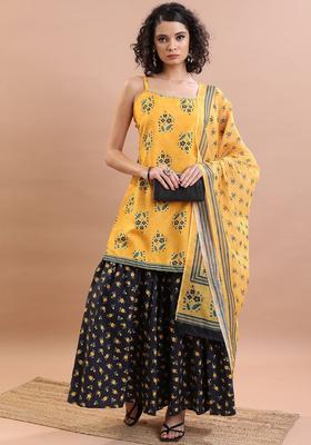 Mustard Printed Polyester Straight Kurta Sets