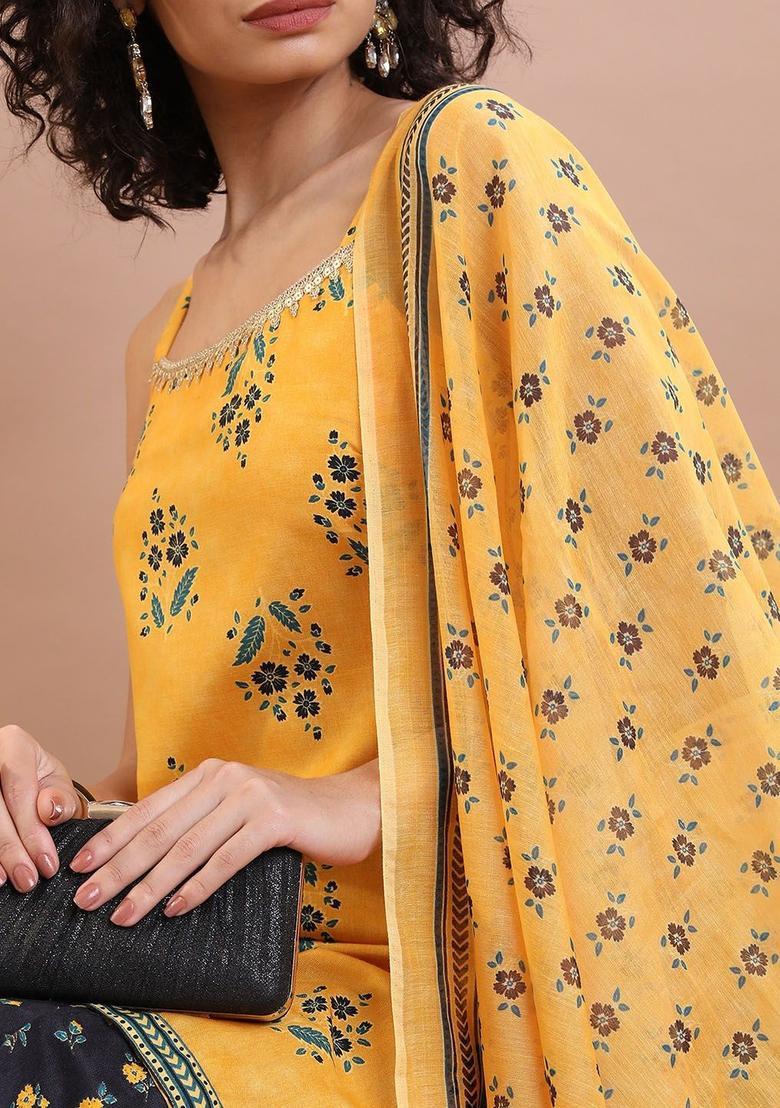 Mustard Printed Polyester Straight Kurta Sets - Indya