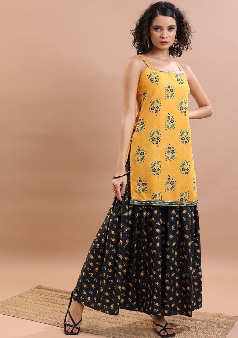 Mustard Printed Polyester Straight Kurta Sets - Indya