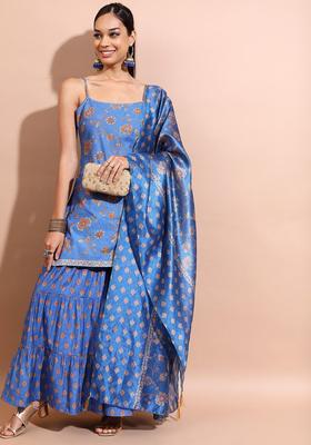 Blue Printed Viscose Straight Kurta Sets