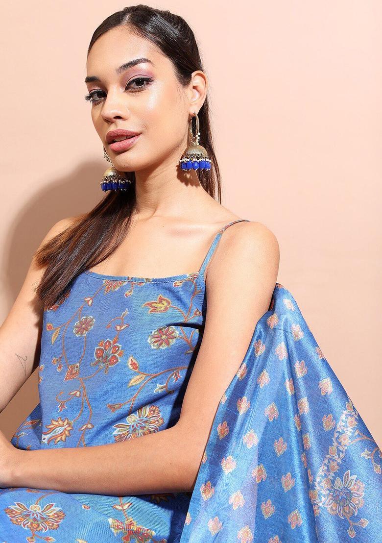 Blue Printed Viscose Straight Kurta Sets - Indya