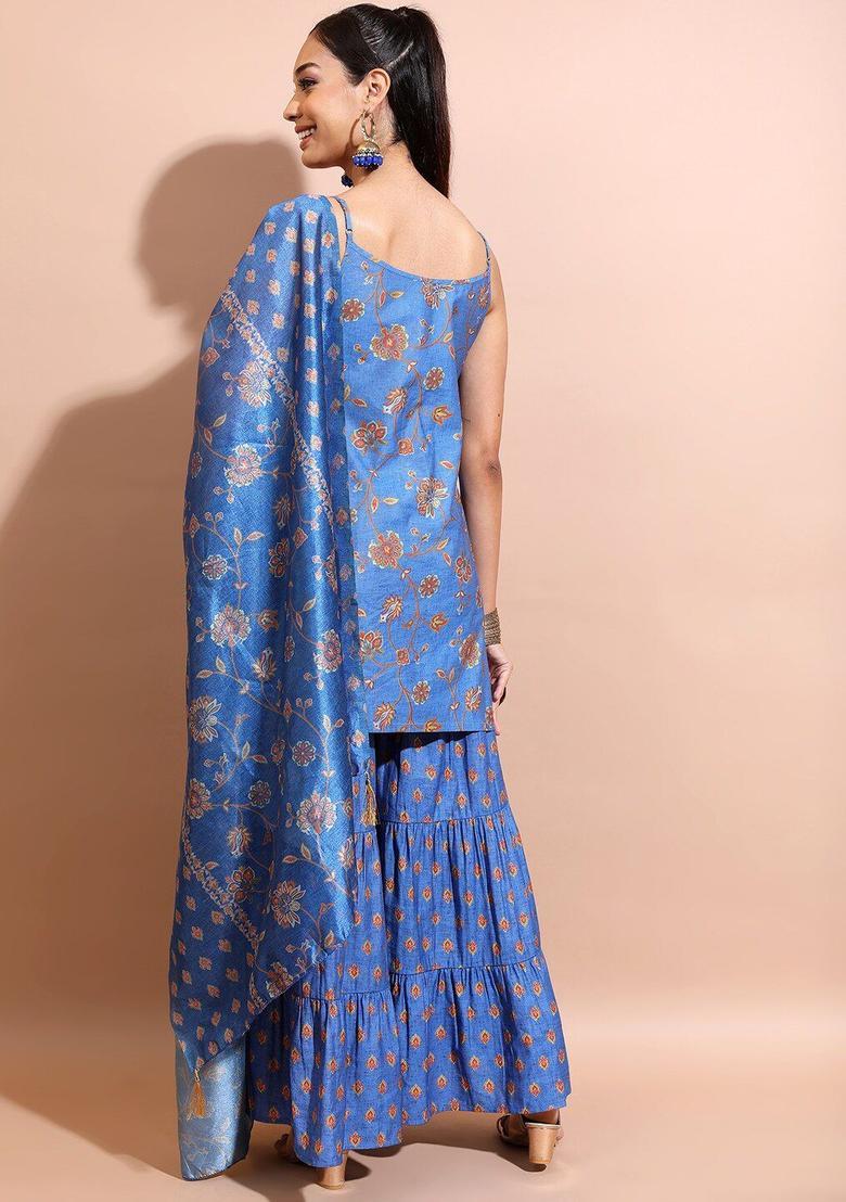 Blue Printed Viscose Straight Kurta Sets - Indya