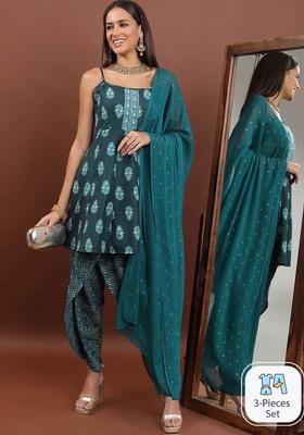 Teal Printed Polyester A Line Kurta Sets