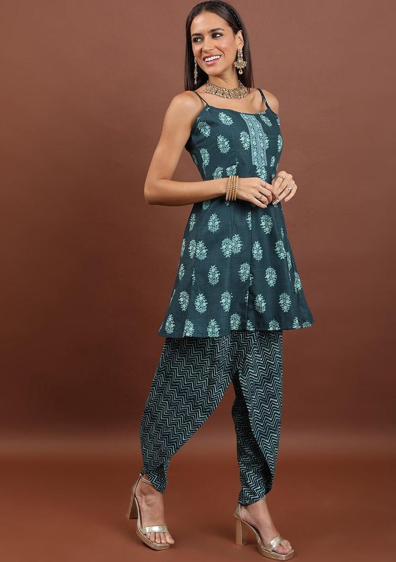 Teal Printed Polyester A Line Kurta Sets - Indya