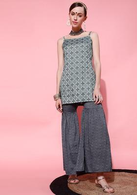 Grey Printed Viscose Straight Kurta Sets
