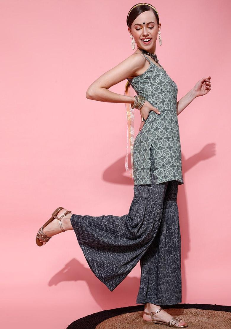 Grey Printed Viscose Straight Kurta Sets - Indya