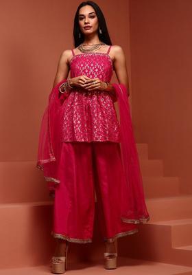 Red Printed Polyester A Line Kurta Sets