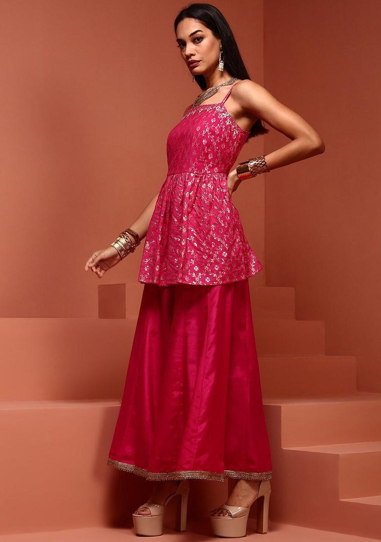 Red Printed Polyester A Line Kurta Sets - Indya