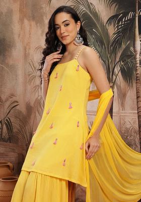 Yellow Embroidered Cotton Straight Kurta Sets