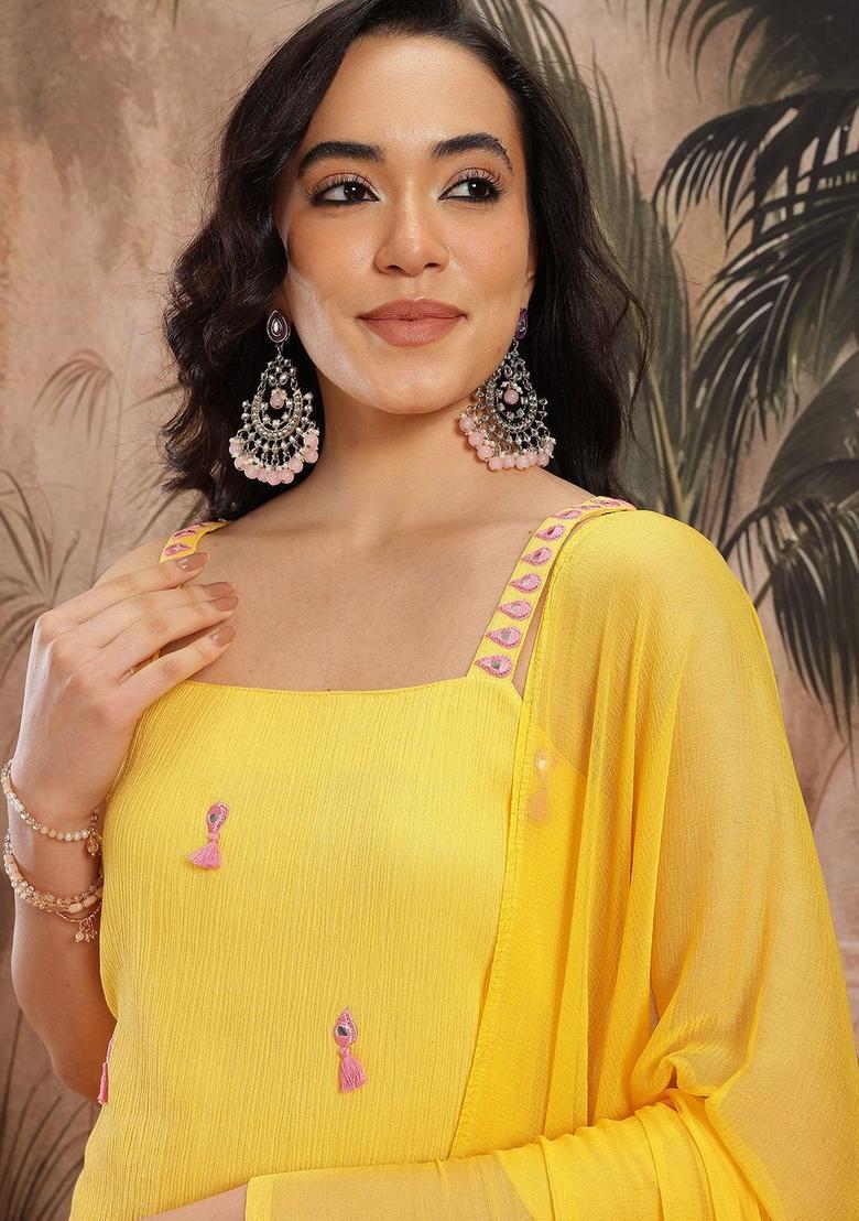 Yellow Embroidered Cotton Straight Kurta Sets - Indya
