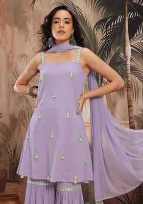 Lavender Embroidered Cotton Straight Kurta Sets