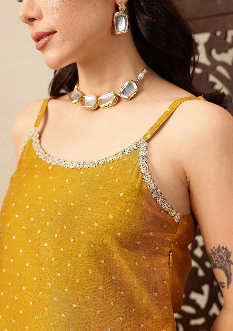 Mustard Printed Polyester A Line Kurta Sets - Indya