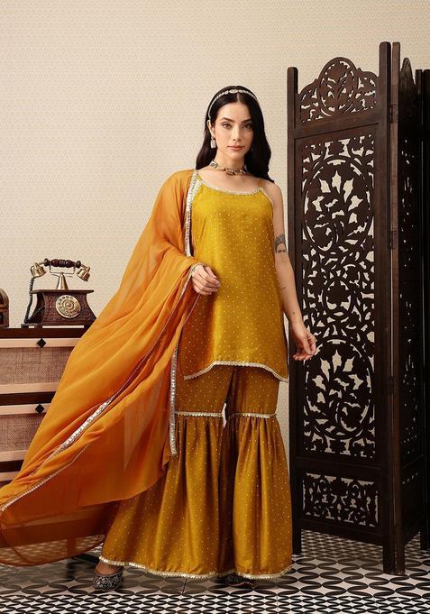 Mustard Printed Polyester A Line Kurta Sets — view on Indya