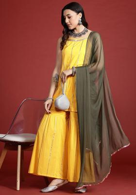 Yellow Striped Cotton Straight Kurta Sets