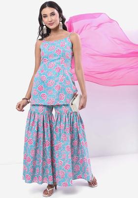 Turquoise Blue Printed Polyester Straight Kurta Sets