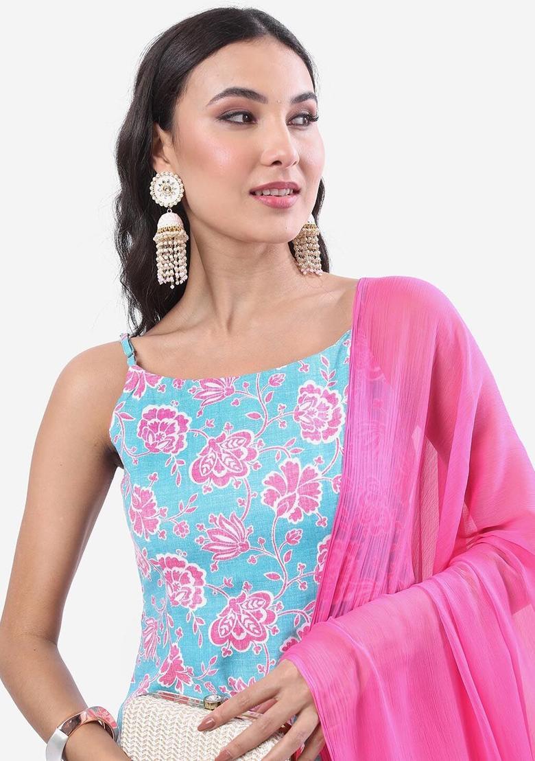 Turquoise Blue Printed Polyester Straight Kurta Sets - Indya