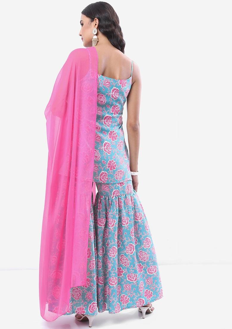 Turquoise Blue Printed Polyester Straight Kurta Sets - Indya