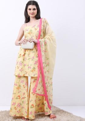 Yellow Printed Polyester Straight Kurta Sets