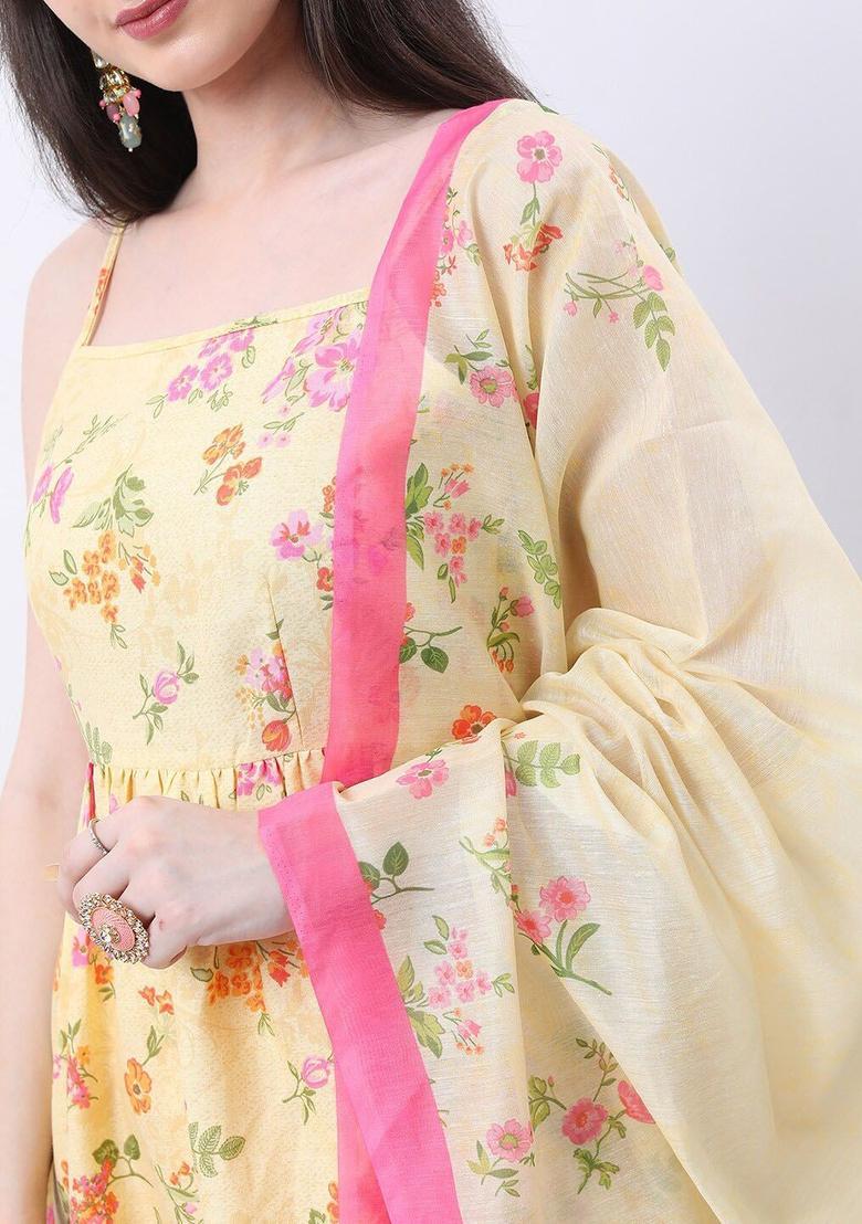 Yellow Printed Polyester Straight Kurta Sets - Indya