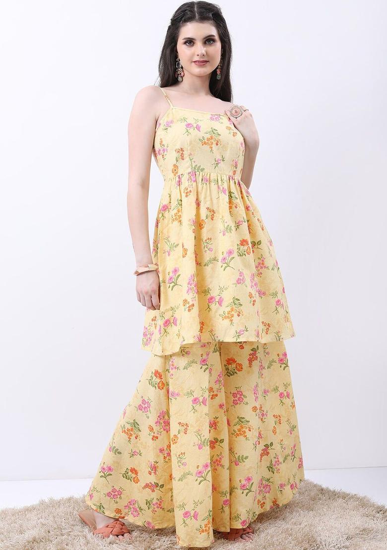 Yellow Printed Polyester Straight Kurta Sets - Indya