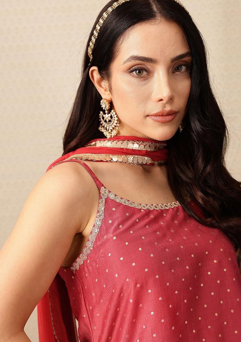 Pink Printed Polyester A Line Kurta Sets - Indya