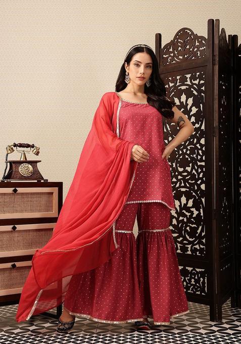 Pink Printed Polyester A Line Kurta Sets — view on Indya
