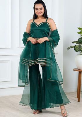 Green Striped Organza A Line Kurta Sets