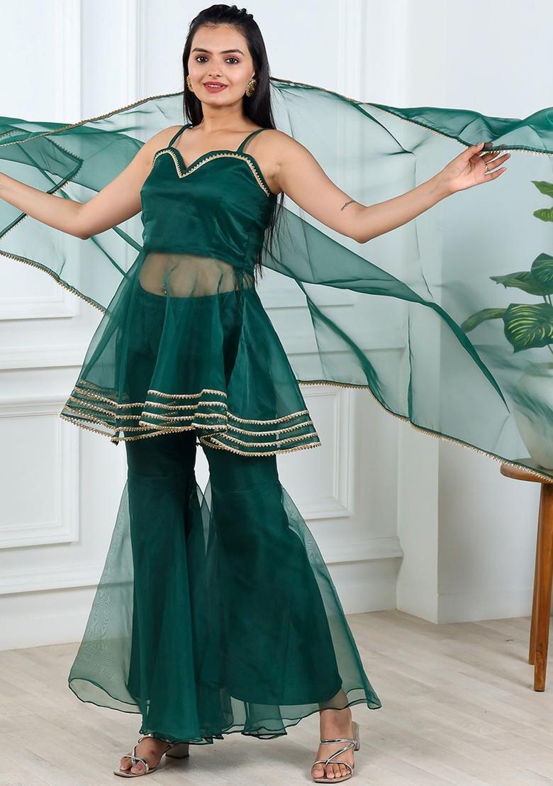 Green Striped Organza A Line Kurta Sets - Indya