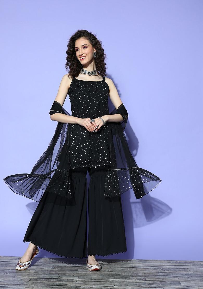 Black Printed Net Straight Kurta Sets - Indya