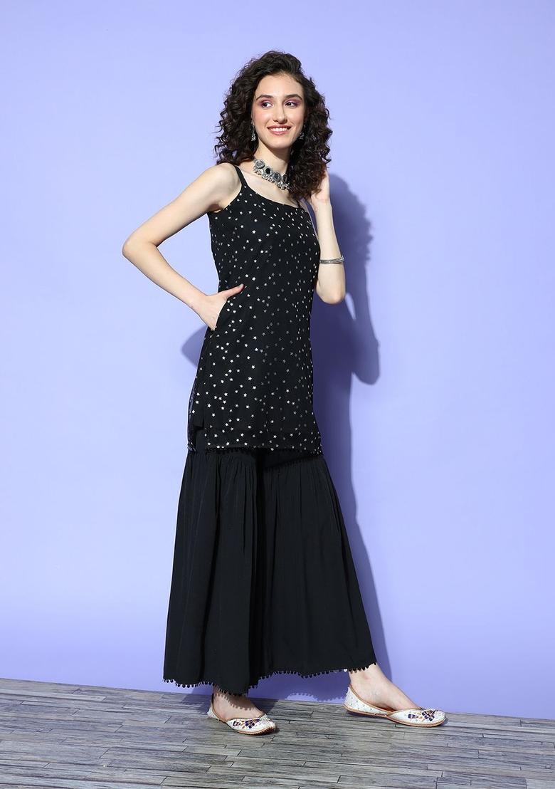 Black Printed Net Straight Kurta Sets - Indya