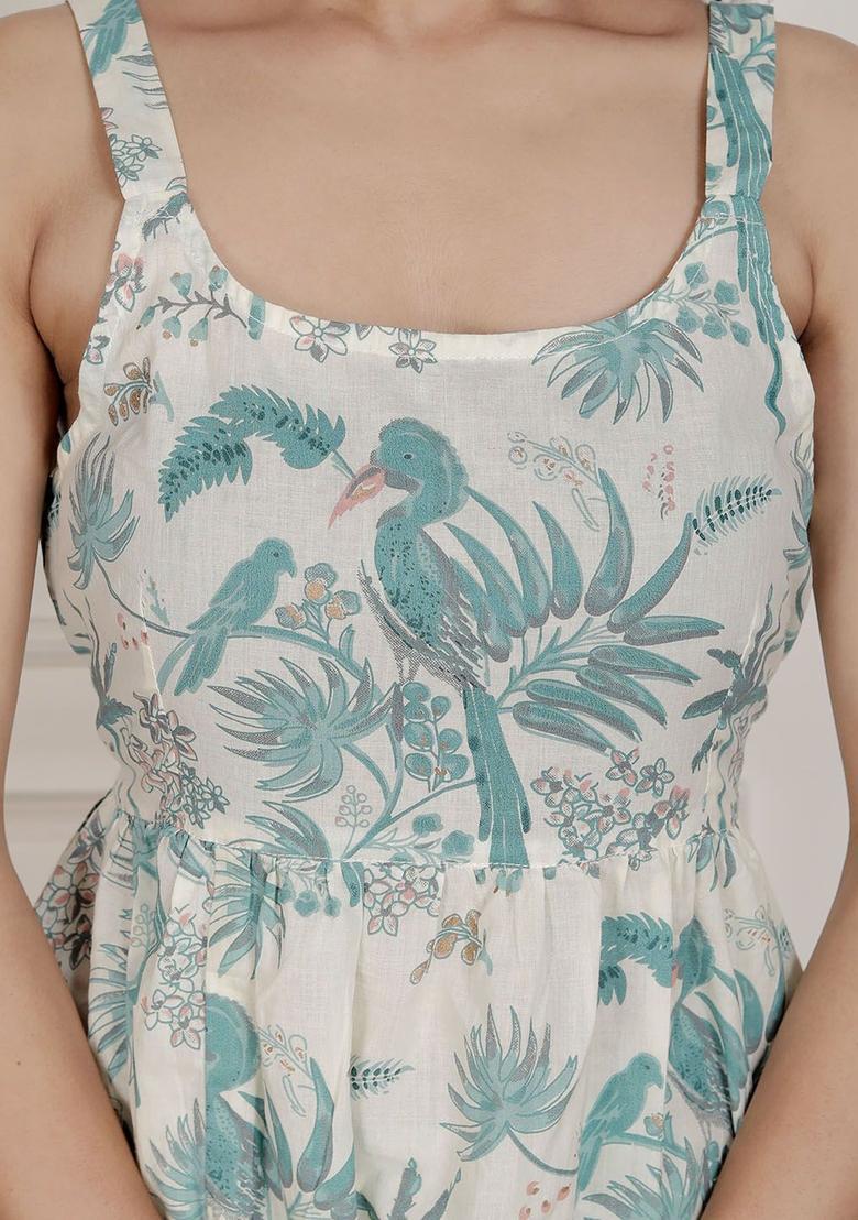 Sea Green Printed Cotton A Line Kurta Sets - Indya