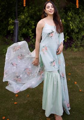 Green Printed Organza Straight Kurta Sets