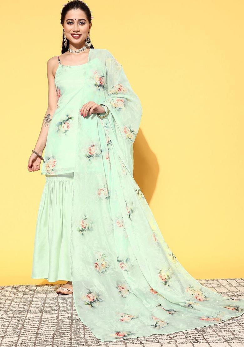 Green Printed Organza Straight Kurta Sets - Indya