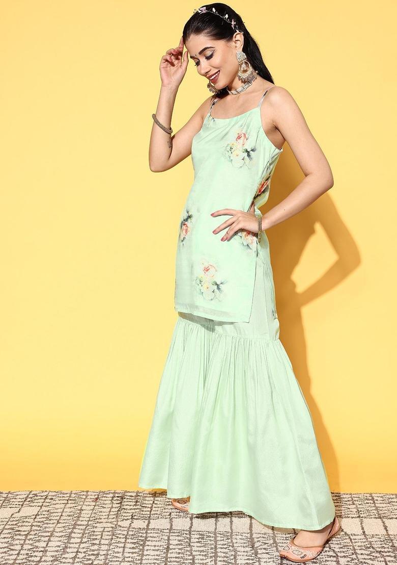 Green Printed Organza Straight Kurta Sets - Indya