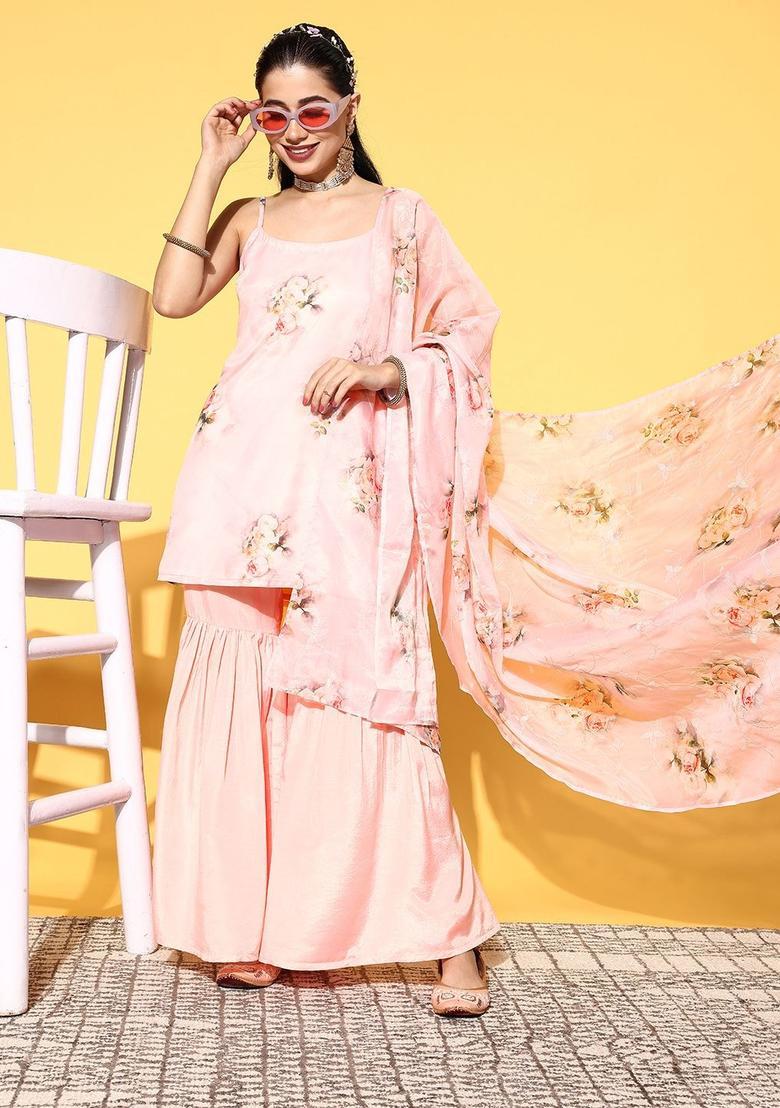 Peach Printed Organza Straight Kurta Sets - Indya
