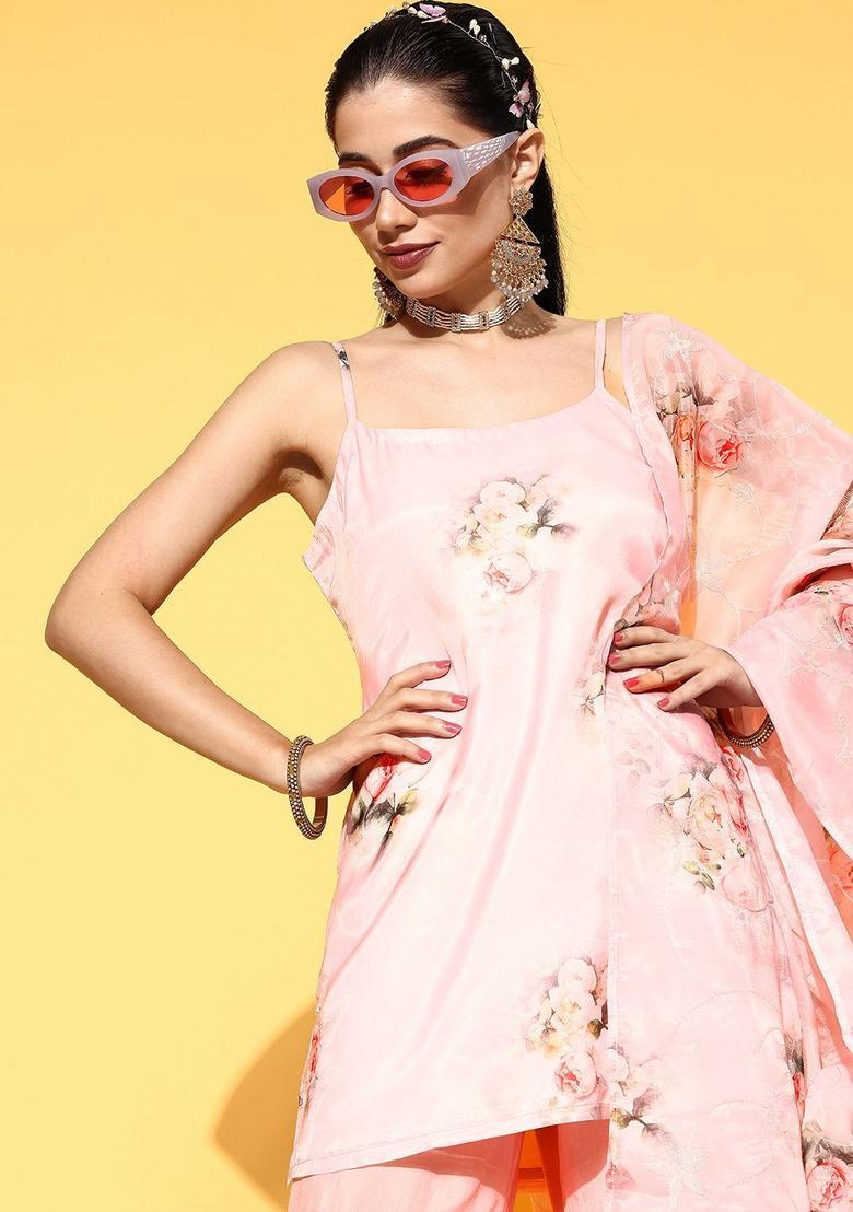 Peach Printed Organza Straight Kurta Sets - Indya
