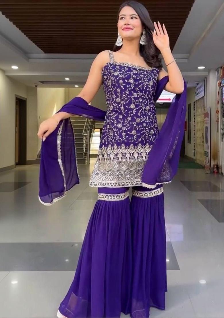 Purple Embroidered Georgette Straight Kurta Sets - Indya