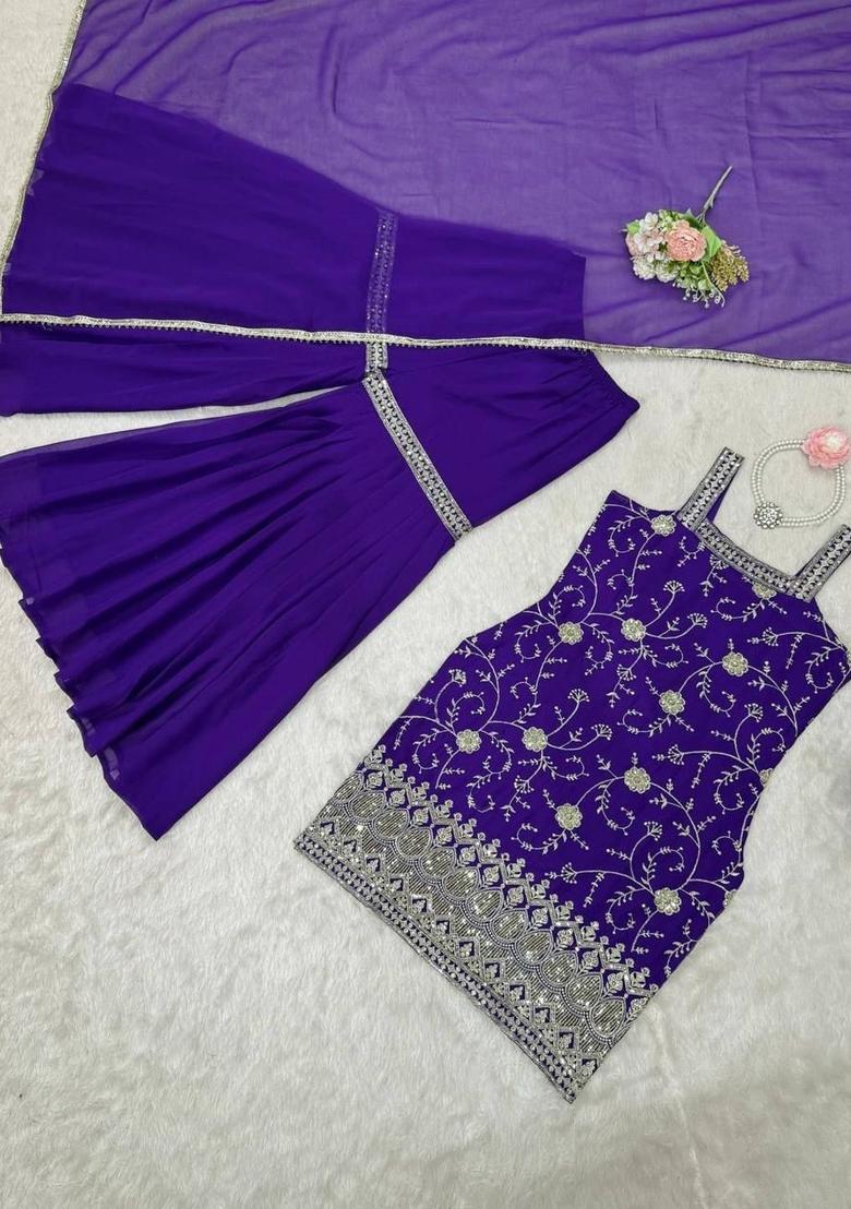 Purple Embroidered Georgette Straight Kurta Sets - Indya