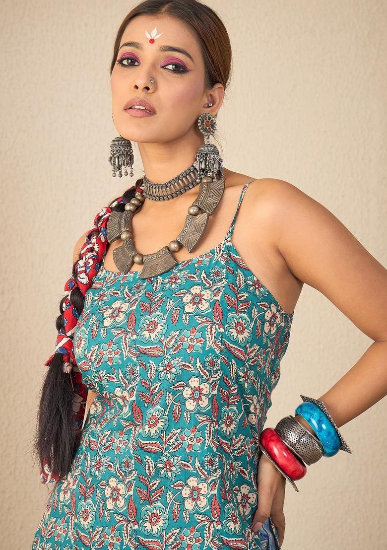 Teal Floral Print Cotton Kurtas - Indya