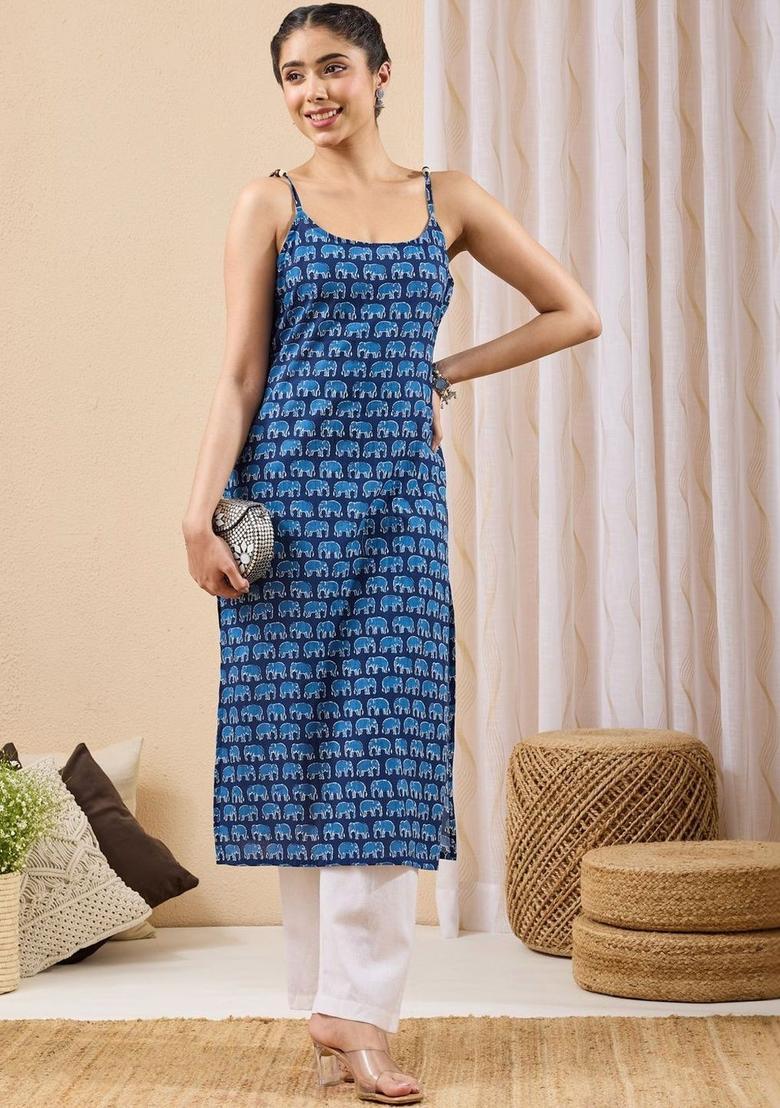 Blue Printed Cotton Kurtas - Indya