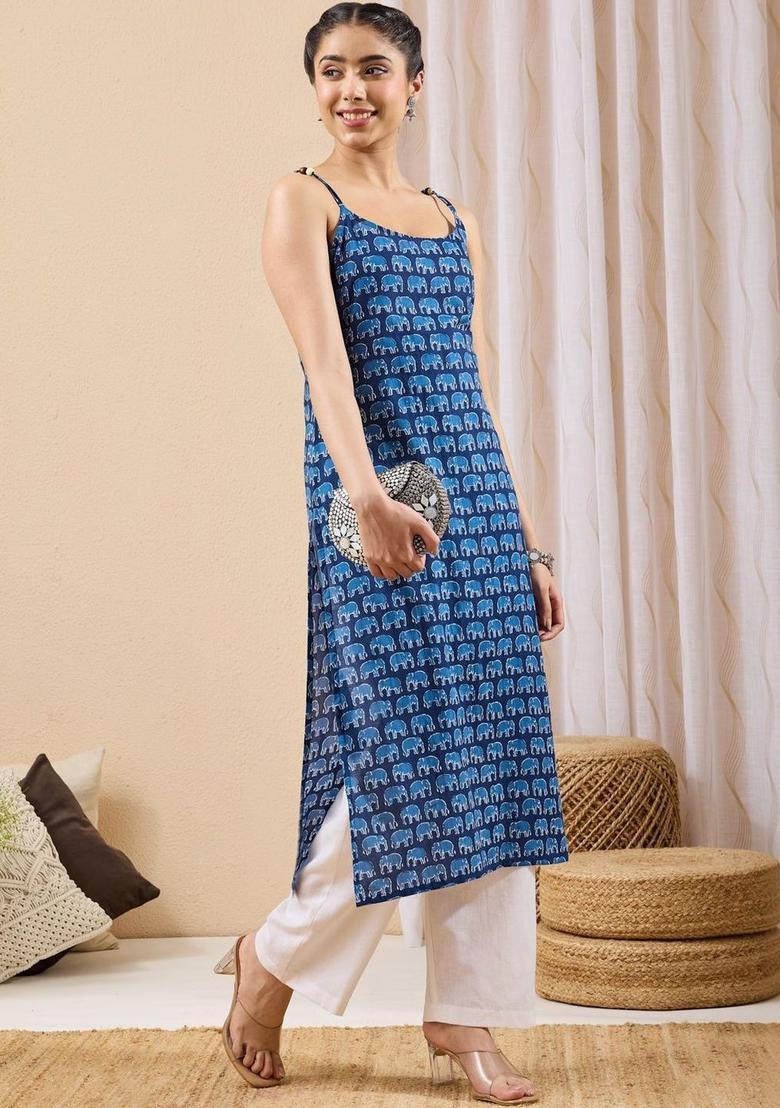Blue Printed Cotton Kurtas - Indya